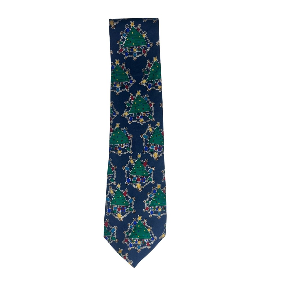 Save the Children Mens Silk Tie Holiday Togetherness Christmas Tree Navy Blue